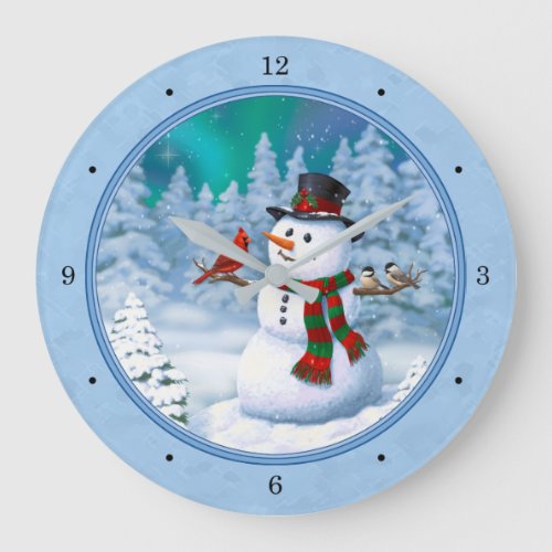 Happy Christmas Snowman  Birds Winter Scene Large Clock
