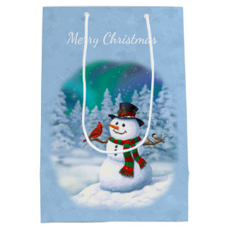 Happy Christmas Snowman & Birds Winter Scene Medium Gift Bag