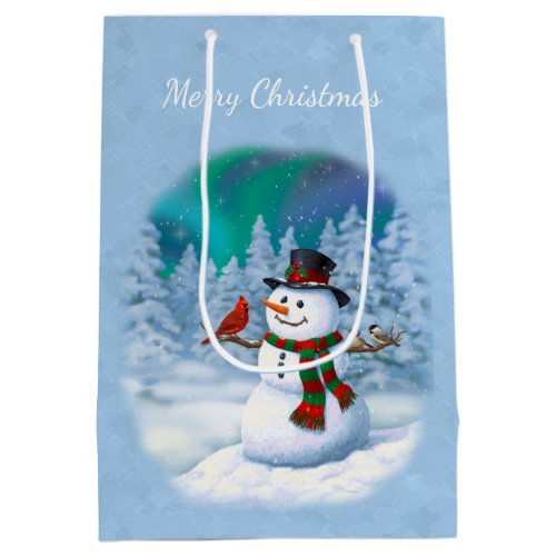 Happy Christmas Snowman  Birds Winter Scene Medium Gift Bag