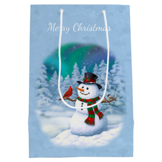 Happy Christmas Snowman & Birds Winter Scene Medium Gift Bag (Back)