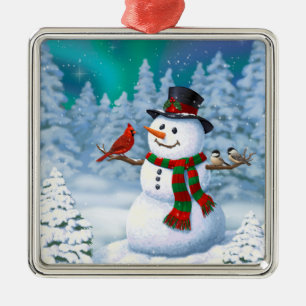 Happy Christmas Snowman & Birds Winter Scene Metal Ornament