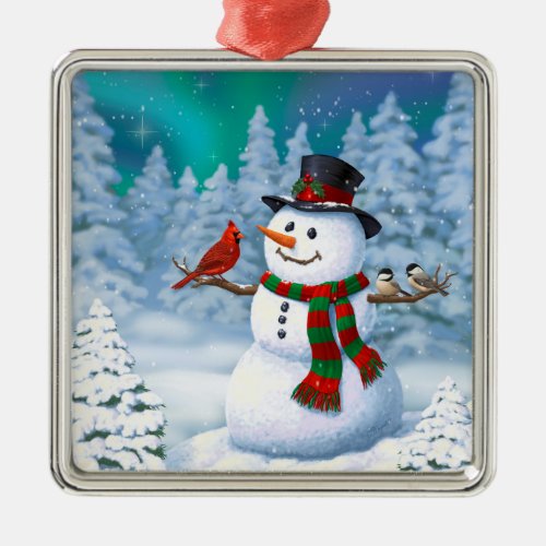 Happy Christmas Snowman  Birds Winter Scene Metal Ornament