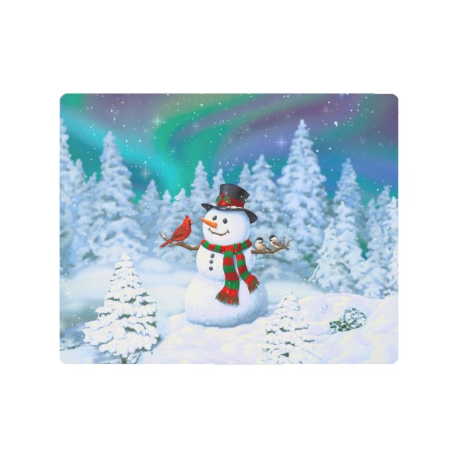 Happy Christmas Snowman & Birds Winter Scene Metal Print (Front)