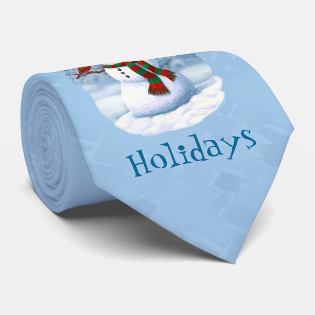 Happy Christmas Snowman & Birds Winter Scene Neck Tie (Rolled)