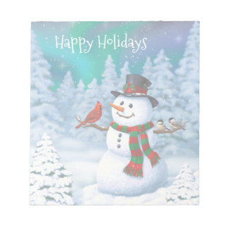 Happy Christmas Snowman & Birds Winter Scene Notepad
