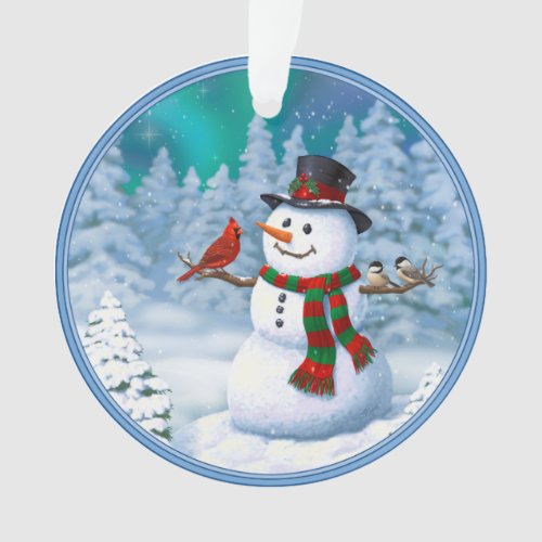 Happy Christmas Snowman  Birds Winter Scene Ornament