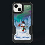 Happy Christmas Snowman & Birds Winter Scene OtterBox iPhone 14 Case<br><div class="desc">A jolly snowman in a winter scene with cute birds perched on its arms.</div>