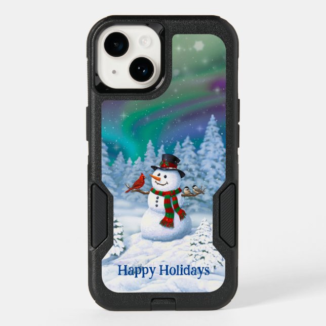 Happy Christmas Snowman & Birds Winter Scene Otterbox iPhone Case (Back)