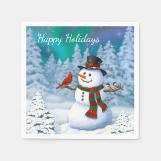 Happy Christmas Snowman & Birds Winter Scene Paper Napkins