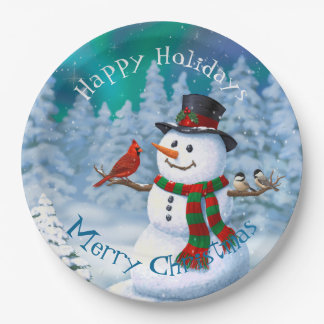 Happy Christmas Snowman & Birds Winter Scene Paper Plates