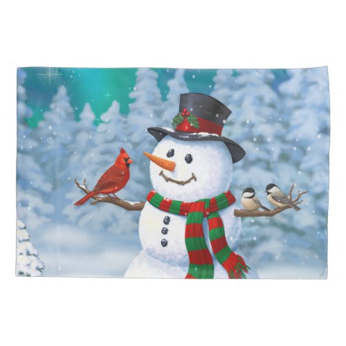 Happy Christmas Snowman  Birds Winter Scene Pillowcase