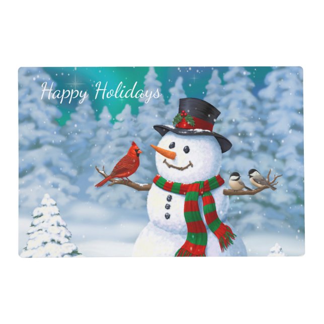 Happy Christmas Snowman & Birds Winter Scene Placemat (Back)