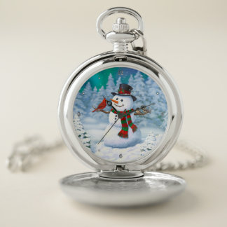 Happy Christmas Snowman & Birds Winter Scene Pocket Watch