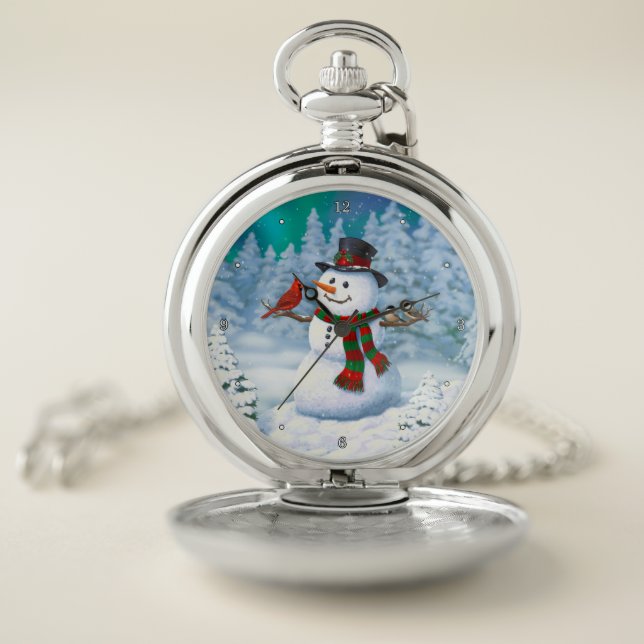 Happy Christmas Snowman & Birds Winter Scene Pocket Watch (Inside)