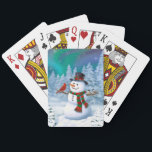Happy Christmas Snowman & Birds Winter Scene Poker Cards<br><div class="desc">A jolly snowman in a winter scene with cute birds perched on its arms.</div>