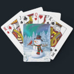 Happy Christmas Snowman & Birds Winter Scene Poker Cards<br><div class="desc">A jolly snowman in a winter scene with cute birds perched on its arms.</div>