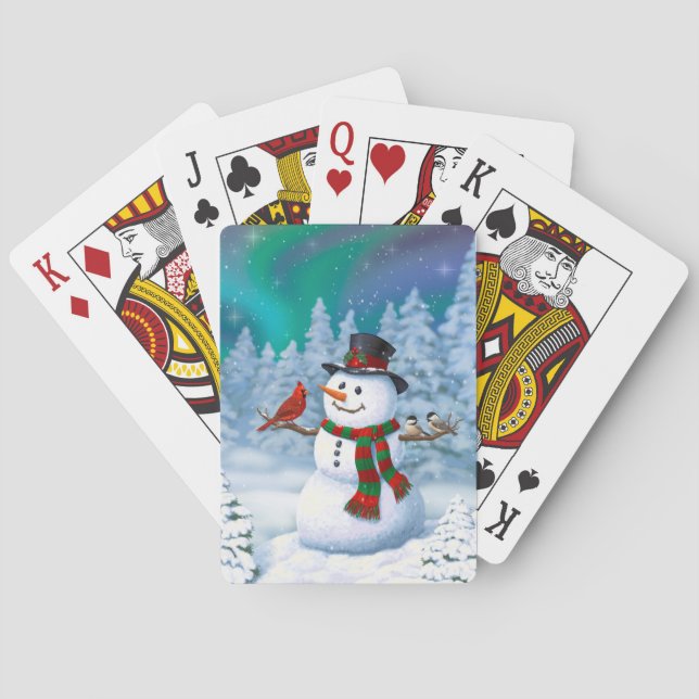 Happy Christmas Snowman & Birds Winter Scene Poker Cards (Back)