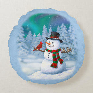 Happy Christmas Snowman & Birds Winter Scene Round Pillow
