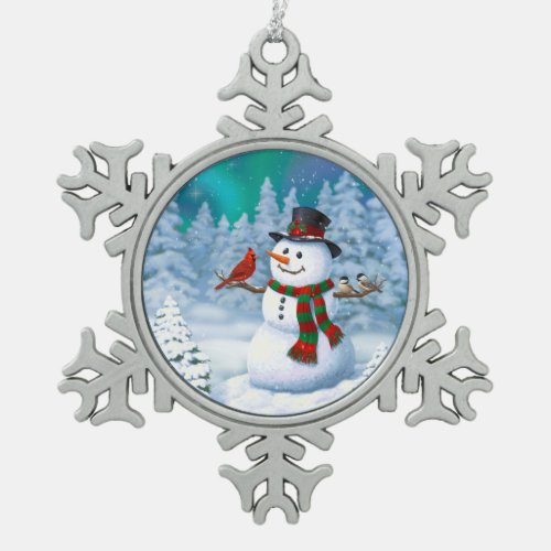 Happy Christmas Snowman  Birds Winter Scene Snowflake Pewter Christmas Ornament