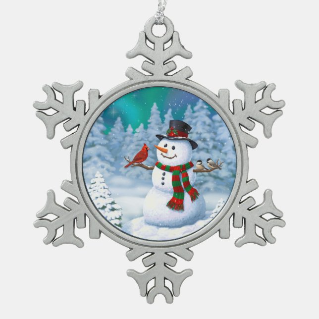 Happy Christmas Snowman & Birds Winter Scene Snowflake Pewter Christmas Ornament (Front)