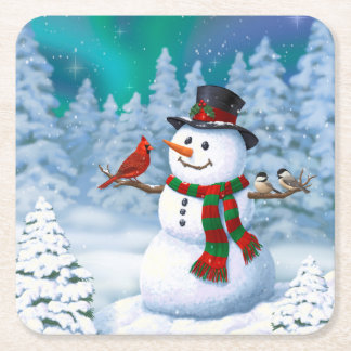 Happy Christmas Snowman & Birds Winter Scene Square Paper Coaster