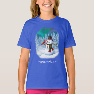 Happy Christmas Snowman & Birds Winter Scene T-Shirt