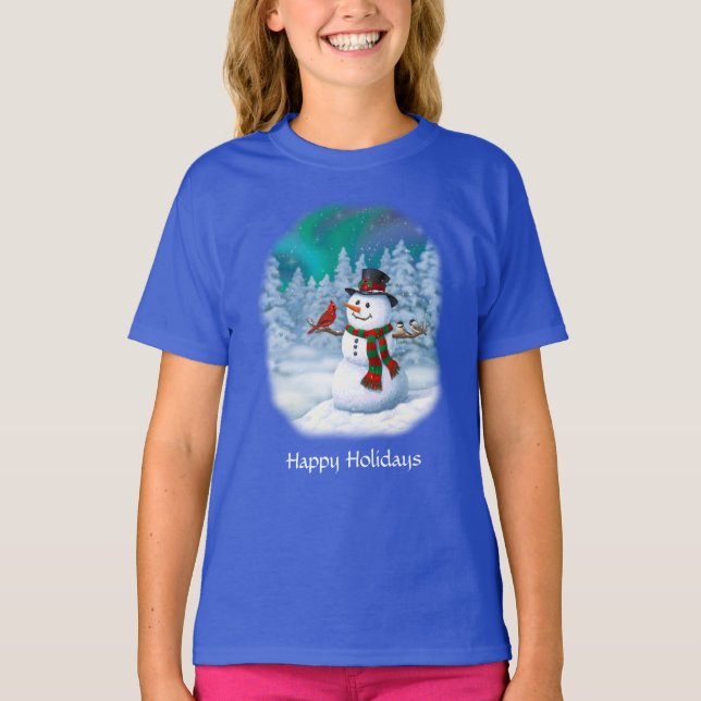 Happy Christmas Snowman & Birds Winter Scene T-Shirt (Front)