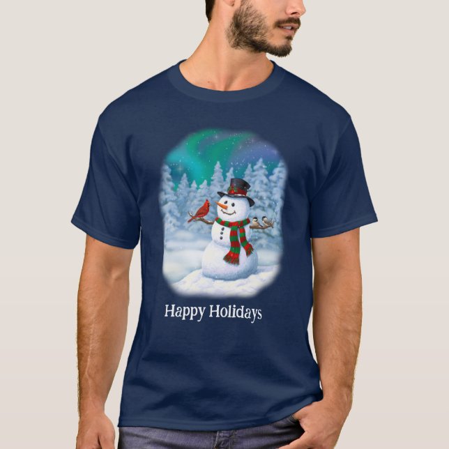 Happy Christmas Snowman & Birds Winter Scene T-Shirt (Front)