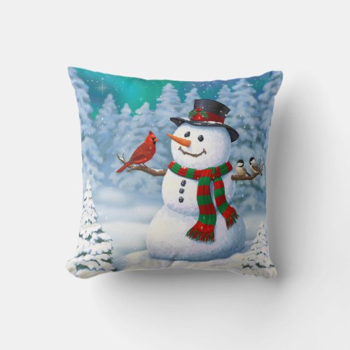 Happy Christmas Snowman  Birds Winter Scene Throw Pillow