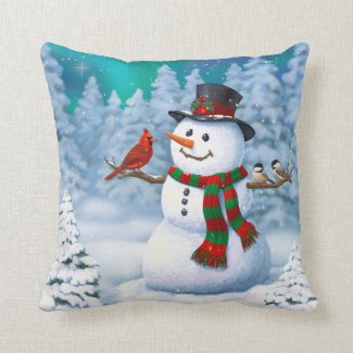Happy Christmas Snowman & Birds Winter Scene Throw Pillow