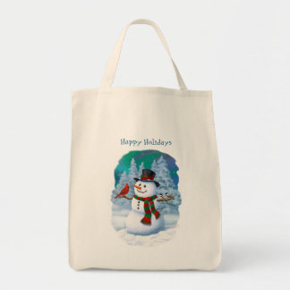 Happy Christmas Snowman & Birds Winter Scene Tote Bag