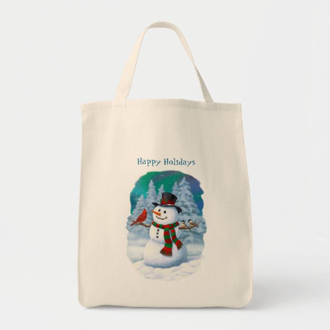 Happy Christmas Snowman & Birds Winter Scene Tote Bag (Front)