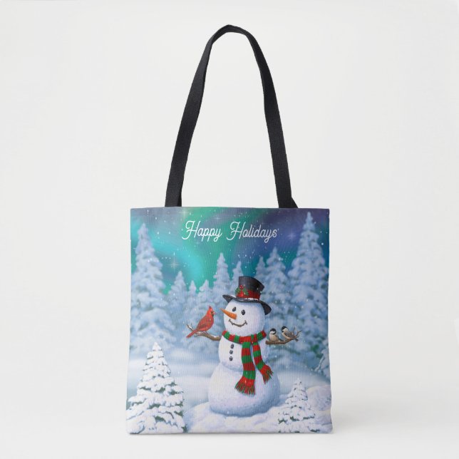 Happy Christmas Snowman & Birds Winter Scene Tote Bag (Front)