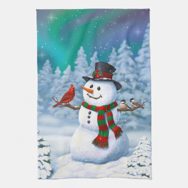 Happy Christmas Snowman & Birds Winter Scene Towel (Vertical)