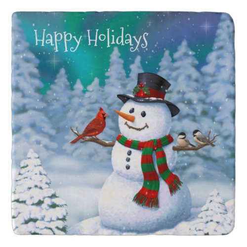 Happy Christmas Snowman  Birds Winter Scene Trivet