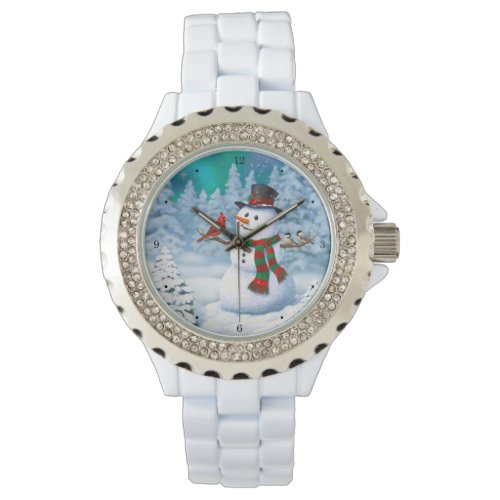 Happy Christmas Snowman  Birds Winter Scene Watch