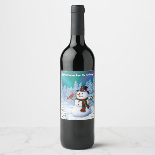 Happy Christmas Snowman  Birds Winter Scene Wine Label