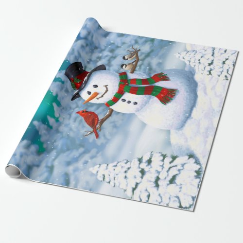 Happy Christmas Snowman  Birds Winter Scene Wrapping Paper