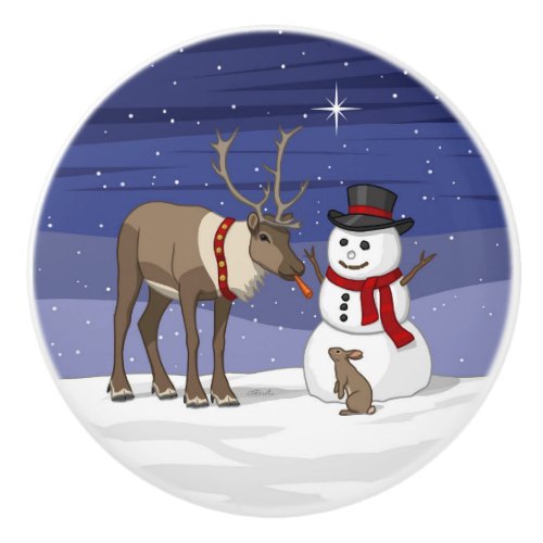 Happy Christmas Snowman  Cute Reindeer Ceramic Knob