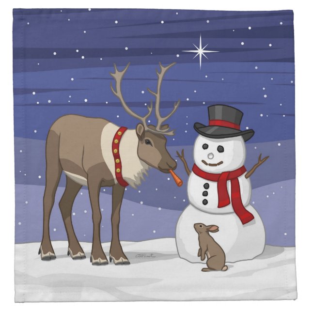 Happy Christmas Snowman & Cute Reindeer Cloth Napkin (Front)
