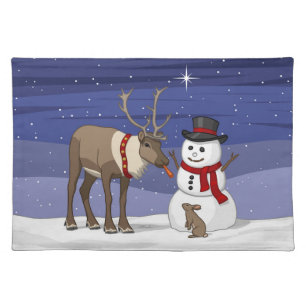 Happy Christmas Snowman & Cute Reindeer Cloth Placemat