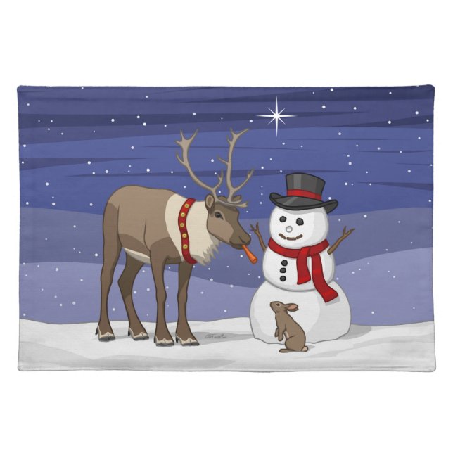 Happy Christmas Snowman & Cute Reindeer Cloth Placemat (Front)