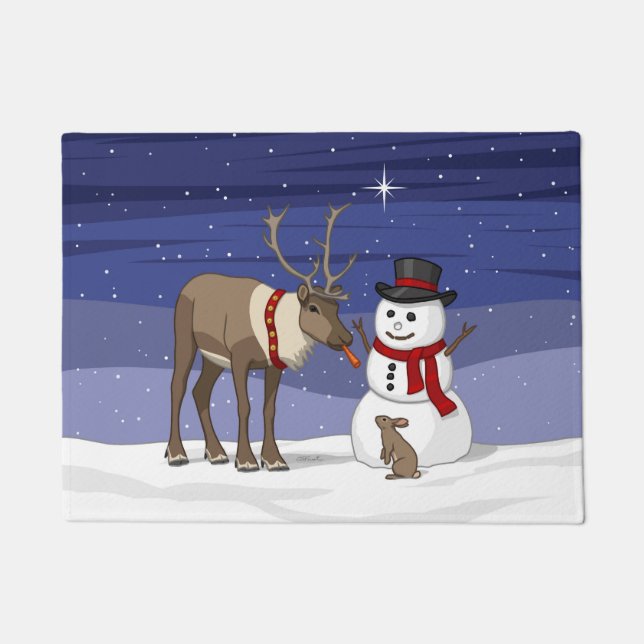 Happy Christmas Snowman & Cute Reindeer Doormat (Front)