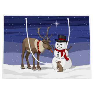 Happy Christmas Snowman & Cute Reindeer Large Gift Bag