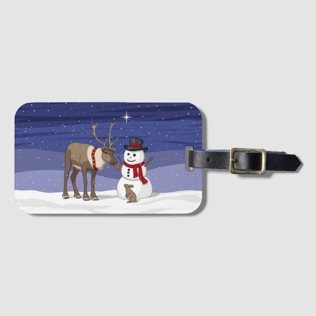 Happy Christmas Snowman & Cute Reindeer Luggage Tag (Front Horizontal)