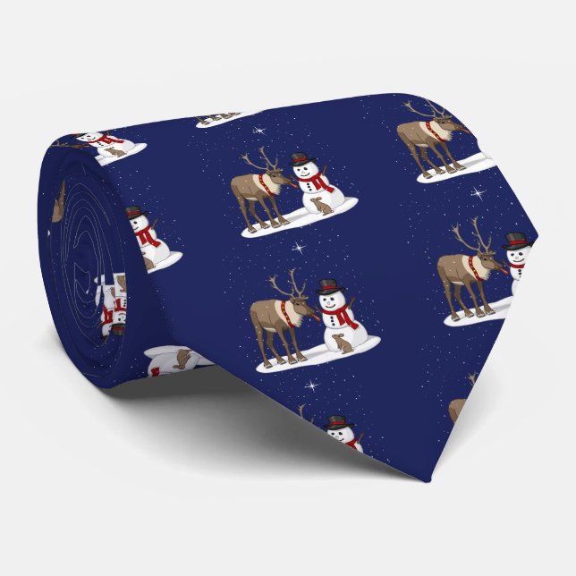 Happy Christmas Snowman & Cute Reindeer Neck Tie (Rolled)