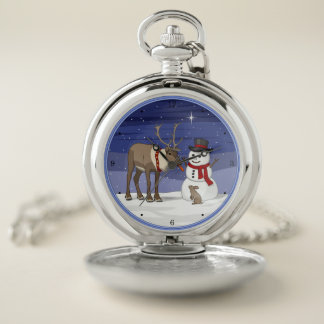 Happy Christmas Snowman & Cute Reindeer Pocket Watch