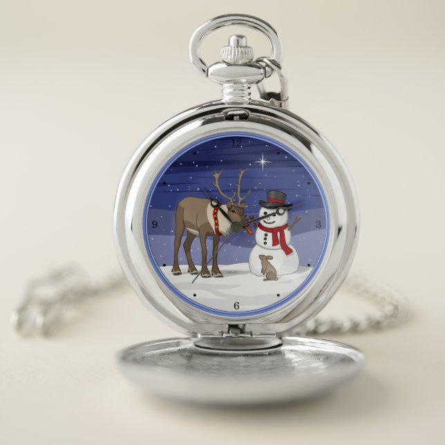 Happy Christmas Snowman & Cute Reindeer Pocket Watch (Inside)