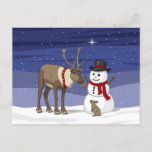 Happy Christmas Snowman & Cute Reindeer Postcard<br><div class="desc">A deer eats the carrot nose of snowman and shares it with a cute bunny rabbit.</div>