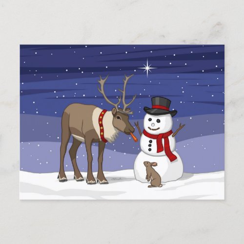 Happy Christmas Snowman  Cute Reindeer Postcard